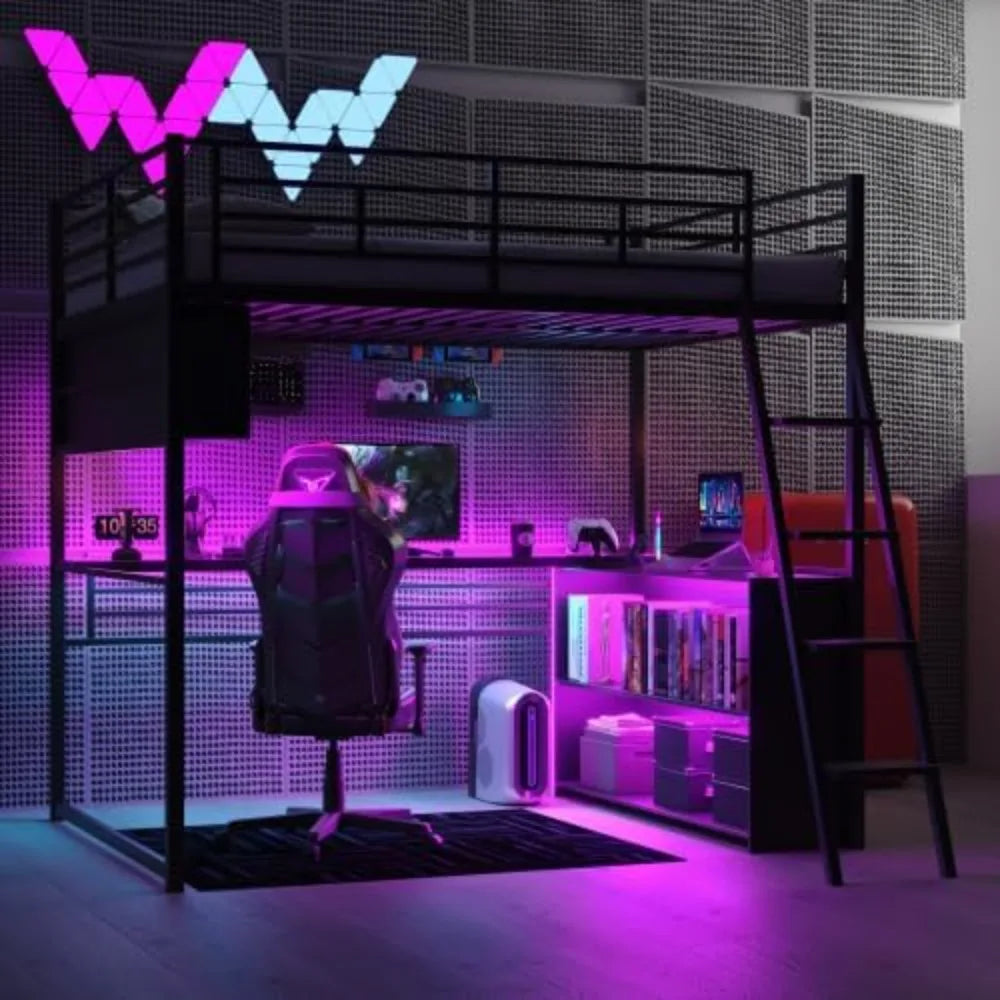 Harper & Bright Designs Full Size Loft Bed with L-Shaped Desk and 4 Storage Shelves, Metal Gaming Loft Bed with LED, Black