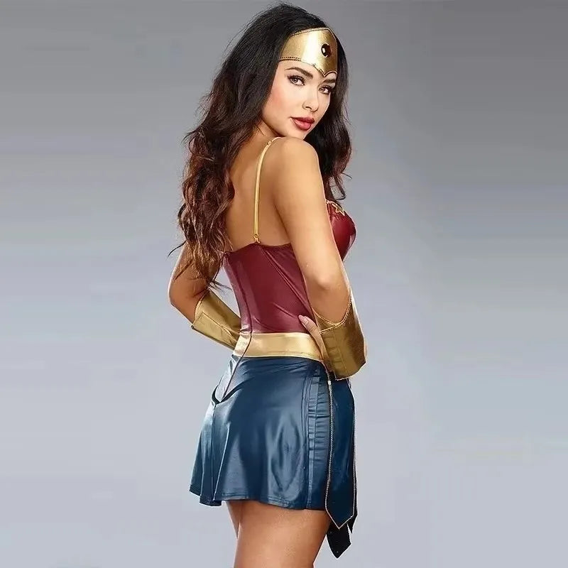 Wonder Hero Cosplay Costume Set – Women’s Leather Warrior Outfit with Corset, Skirt & Accessories