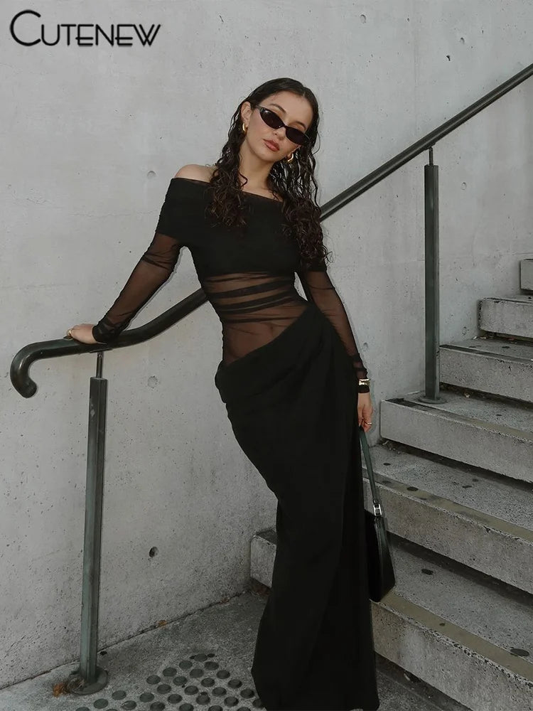Midnight Muse Mesh Maxi – Off Shoulder Bodycon Party Dress