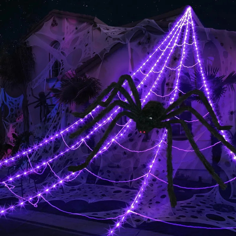 ✨ Glow-in-the-Dark Spider Web Lights – Spooky Outdoor Halloween Decorations with Realistic Spiders