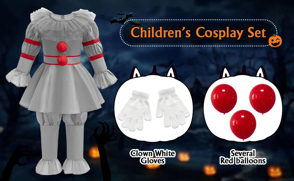 ✨ Kids Creepy Clown Halloween Costume – Pennywise-Inspired Cosplay Outfit with Optional Balloon Accessories