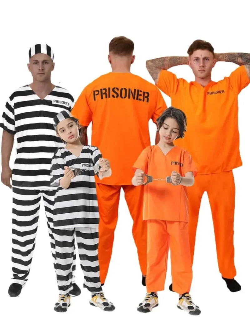 ✨ Prison Break Halloween Costume – Orange & Striped Inmate Jumpsuit Set for Adults & Kids