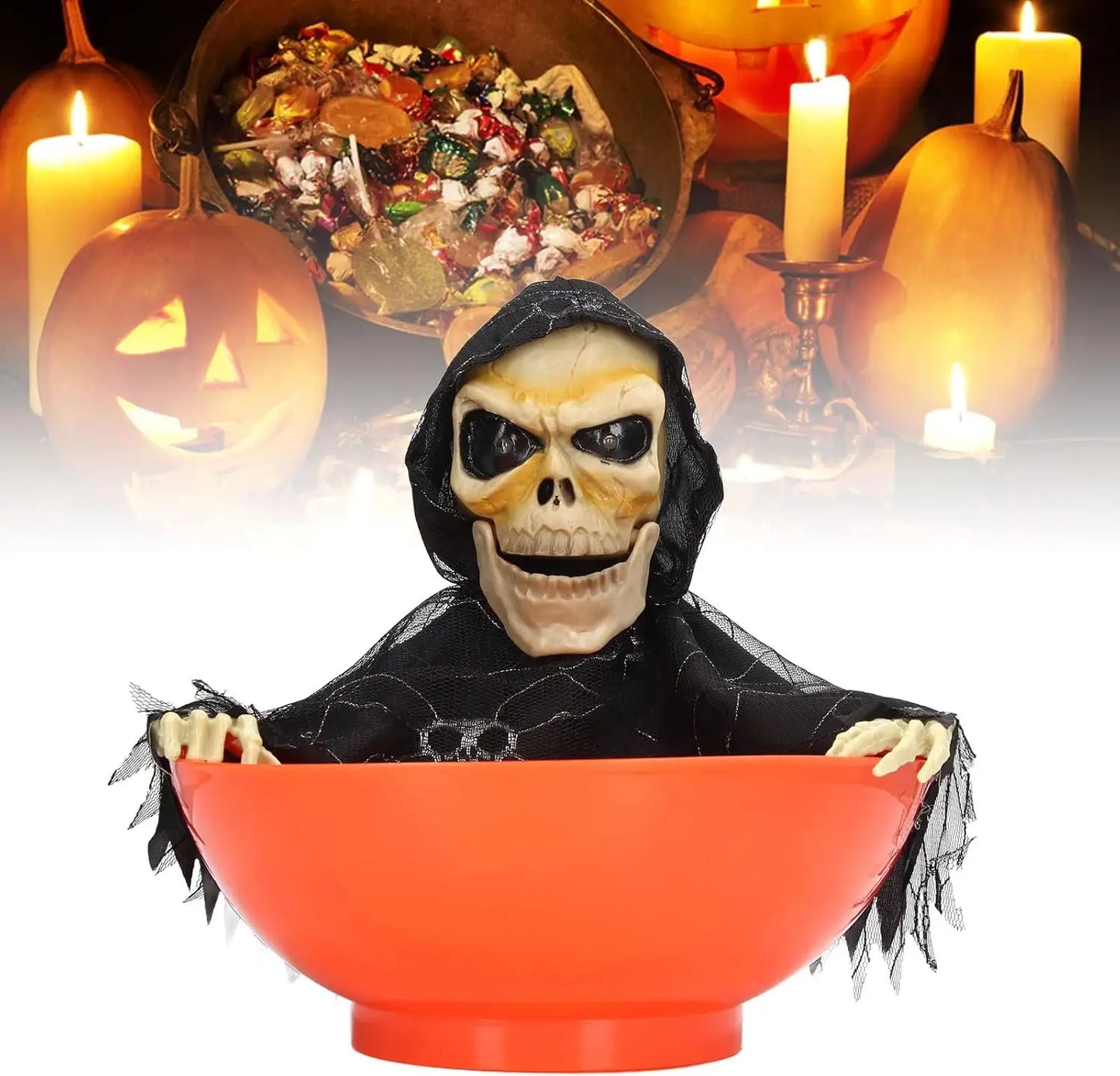 Halloween Candy Dish Haunted House Decoration Glow Motion Sensor Electric Tray Scary Prank Props Spooky Fun Party Decoration