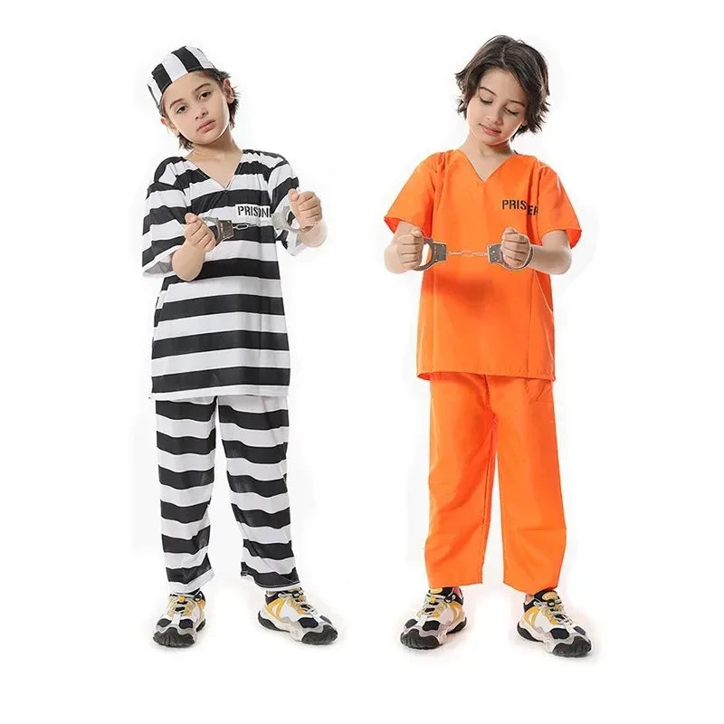 ✨ Prison Break Halloween Costume – Orange & Striped Inmate Jumpsuit Set for Adults & Kids