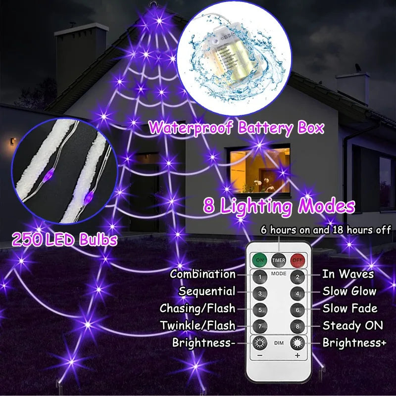 ✨ Glow-in-the-Dark Spider Web Lights – Spooky Outdoor Halloween Decorations with Realistic Spiders