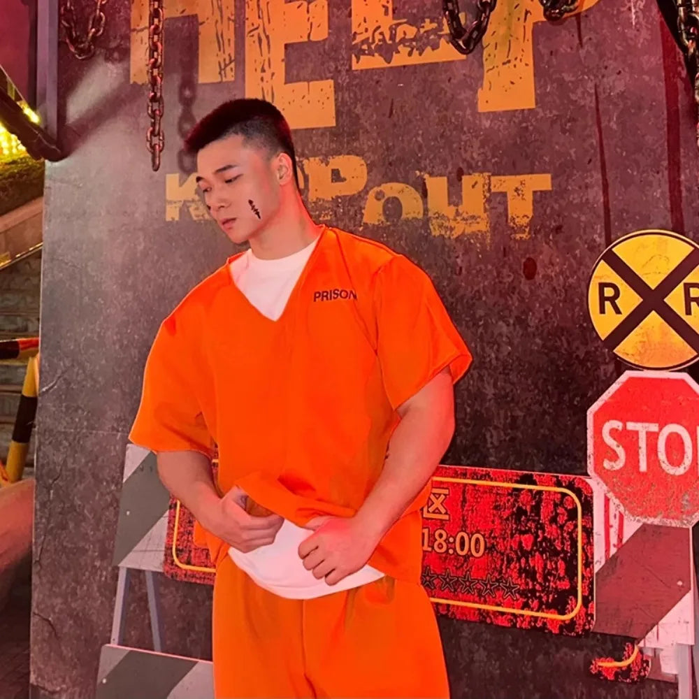✨ Prison Break Halloween Costume – Orange & Striped Inmate Jumpsuit Set for Adults & Kids