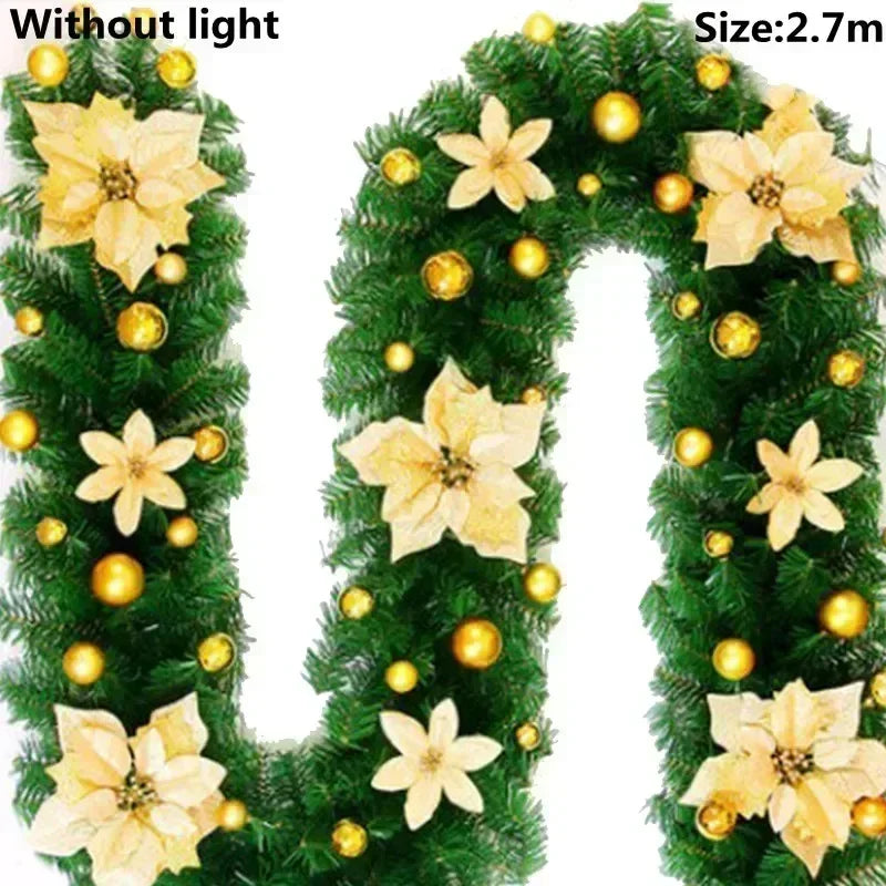 Christmas LED Rattan Garland Banner, 2.7M Artificial Xmas Tree Wreath for Home Fireplace Door Staircase Party Wall Decoration