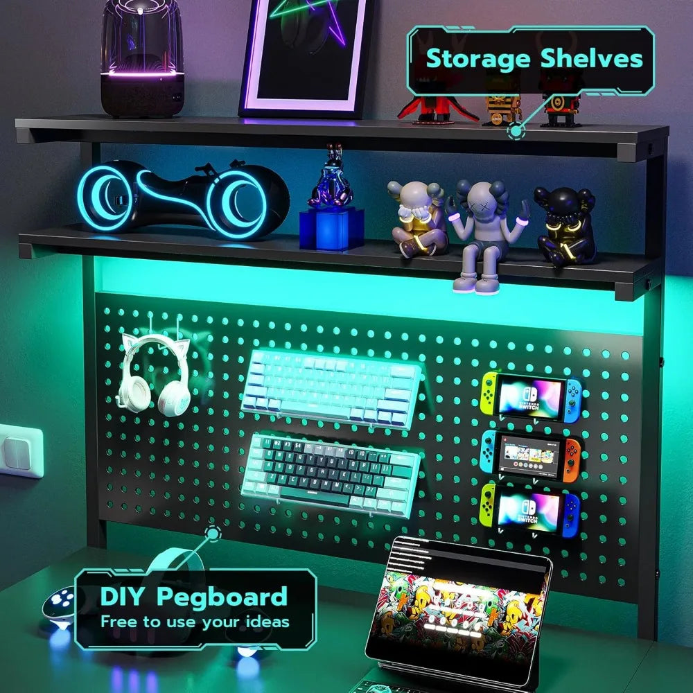 Ultimate Gamer Station™ – L-Shaped RGB Desk with Pegboard, Hutch & Drawers