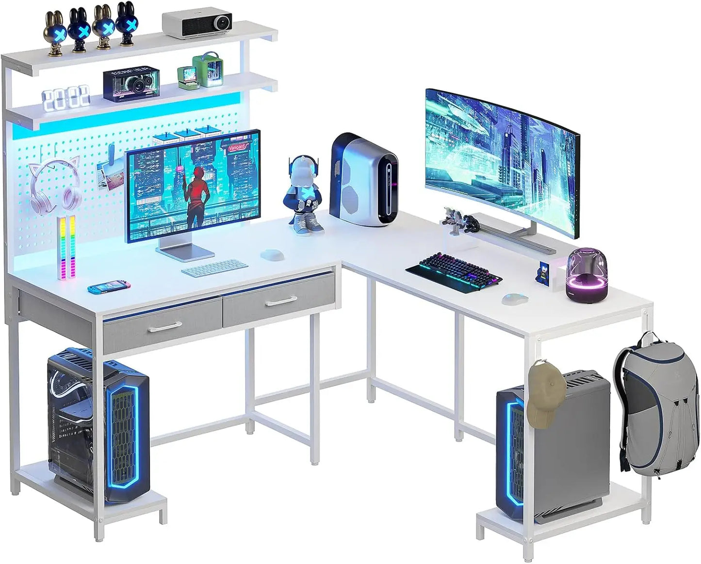 Ultimate Gamer Station™ – L-Shaped RGB Desk with Pegboard, Hutch & Drawers