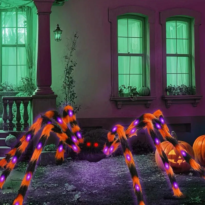 ✨ Glow-in-the-Dark Spider Web Lights – Spooky Outdoor Halloween Decorations with Realistic Spiders