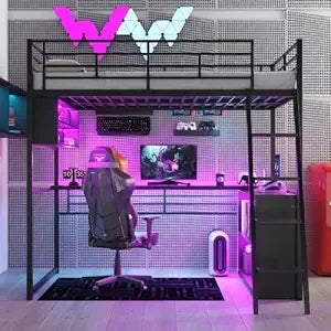 Harper & Bright Designs Full Size Loft Bed with L-Shaped Desk and 4 Storage Shelves, Metal Gaming Loft Bed with LED, Black