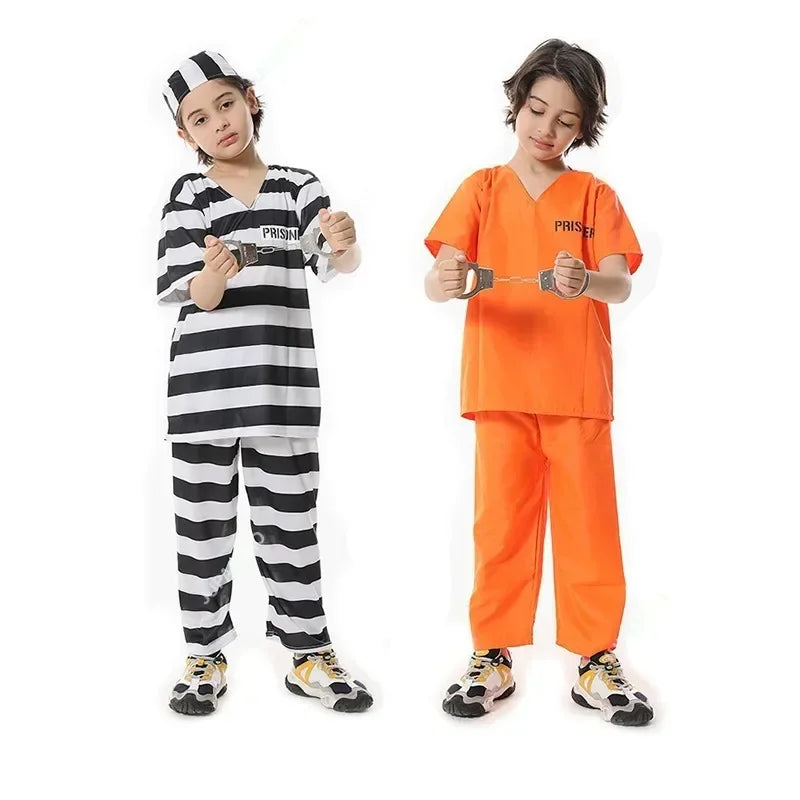 ✨ Prison Break Halloween Costume – Orange & Striped Inmate Jumpsuit Set for Adults & Kids