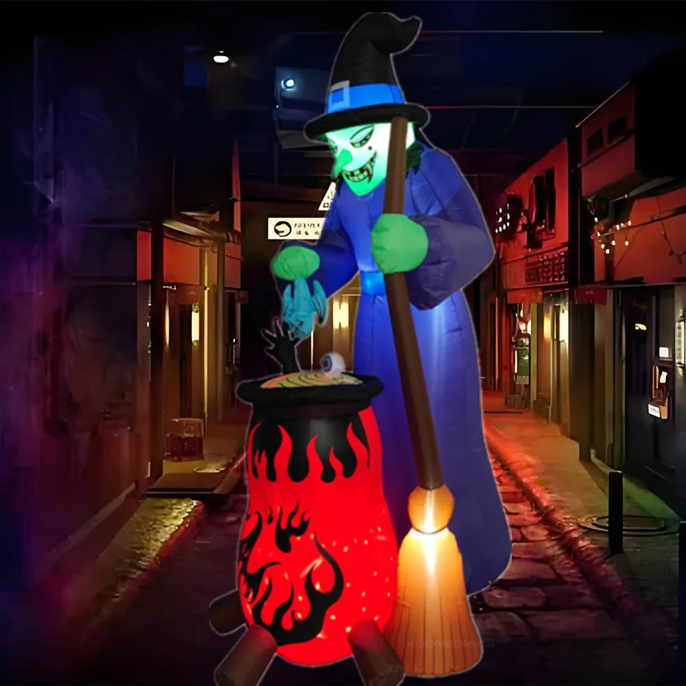 8FT Halloween Inflatables Witch Boiling Flame Lamp And Climbing the Window Little Ghost With LED Lights Indoor Outdoor Decorate
