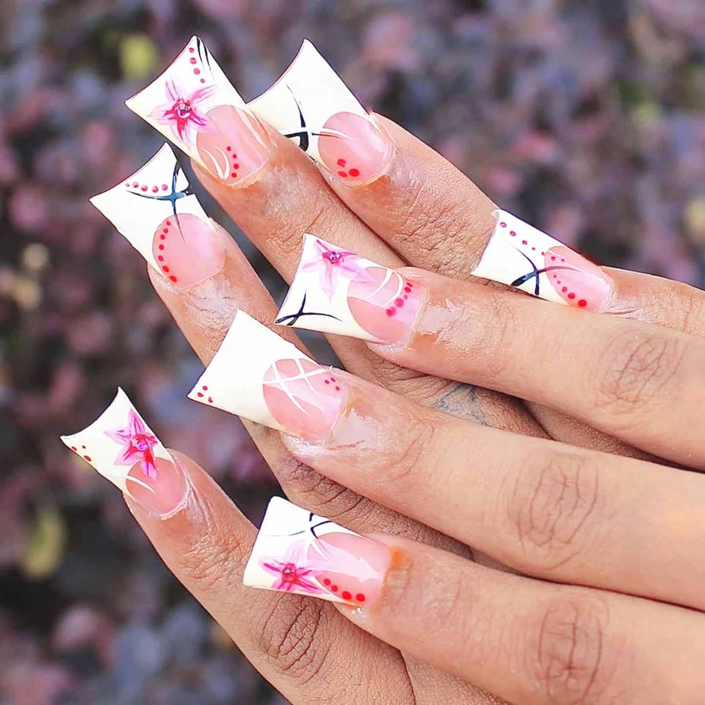 Chic Black French Press-On Nails with Pink Flower Charms – Stylish & Detachable Square Tips for Women & Girls
