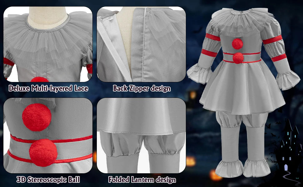 ✨ Kids Creepy Clown Halloween Costume – Pennywise-Inspired Cosplay Outfit with Optional Balloon Accessories