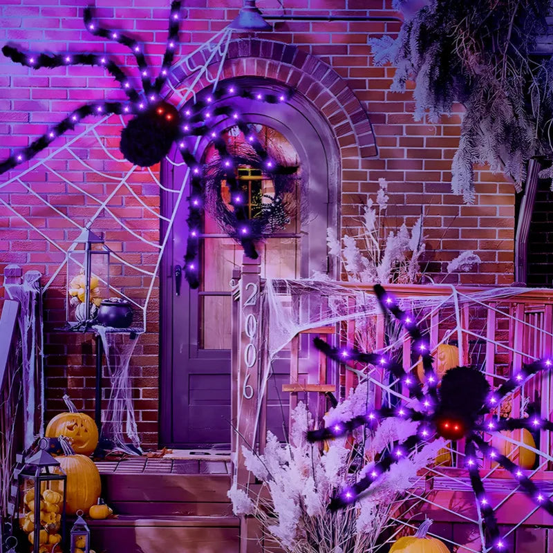 ✨ Glow-in-the-Dark Spider Web Lights – Spooky Outdoor Halloween Decorations with Realistic Spiders