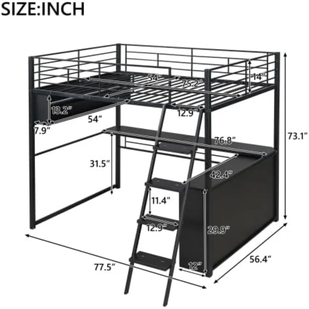Harper & Bright Designs Full Size Loft Bed with L-Shaped Desk and 4 Storage Shelves, Metal Gaming Loft Bed with LED, Black