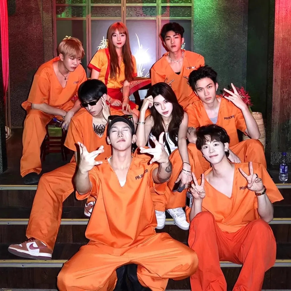 ✨ Prison Break Halloween Costume – Orange & Striped Inmate Jumpsuit Set for Adults & Kids