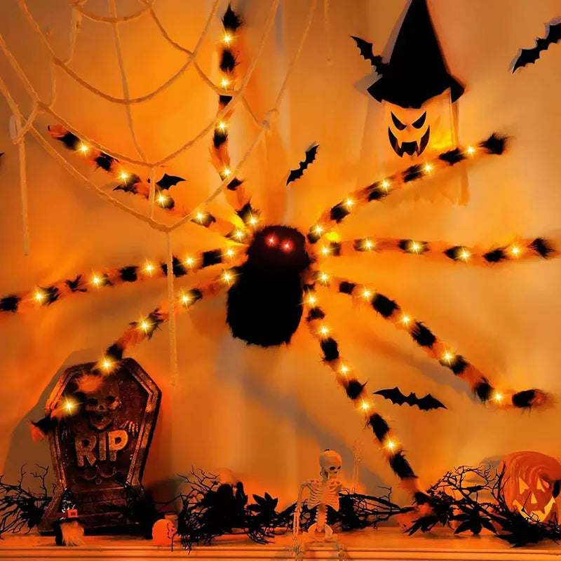 ✨ Glow-in-the-Dark Spider Web Lights – Spooky Outdoor Halloween Decorations with Realistic Spiders