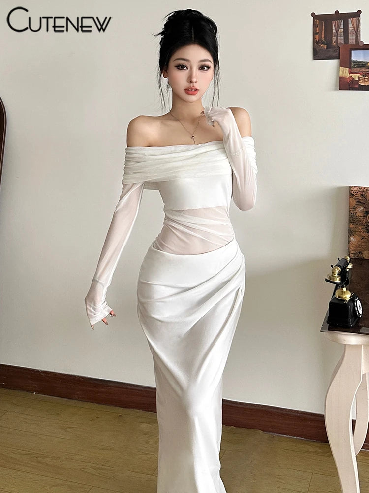 Midnight Muse Mesh Maxi – Off Shoulder Bodycon Party Dress