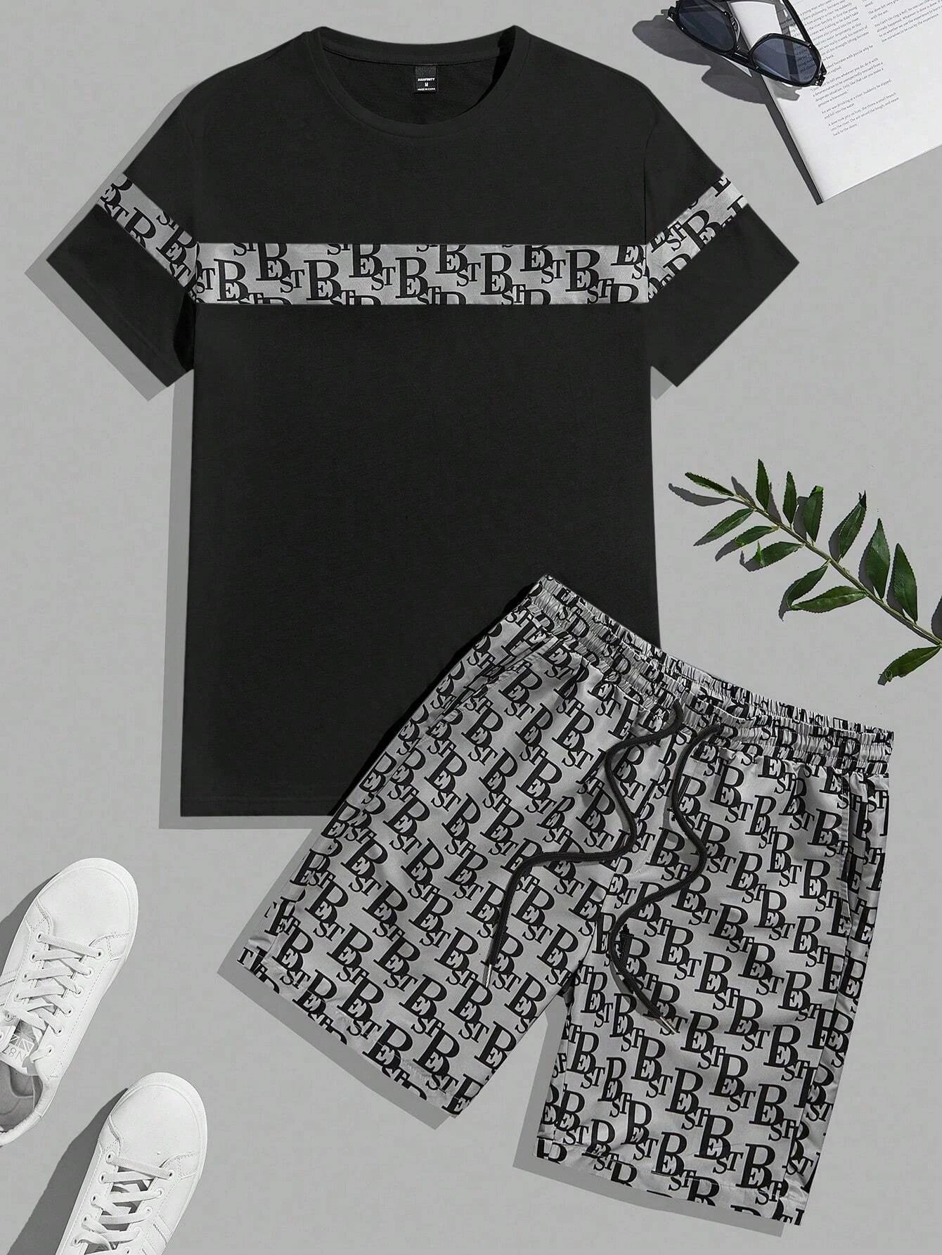 Urban Luxe 2-Piece Set – Men's Retro Streetwear Tee & Shorts Combo