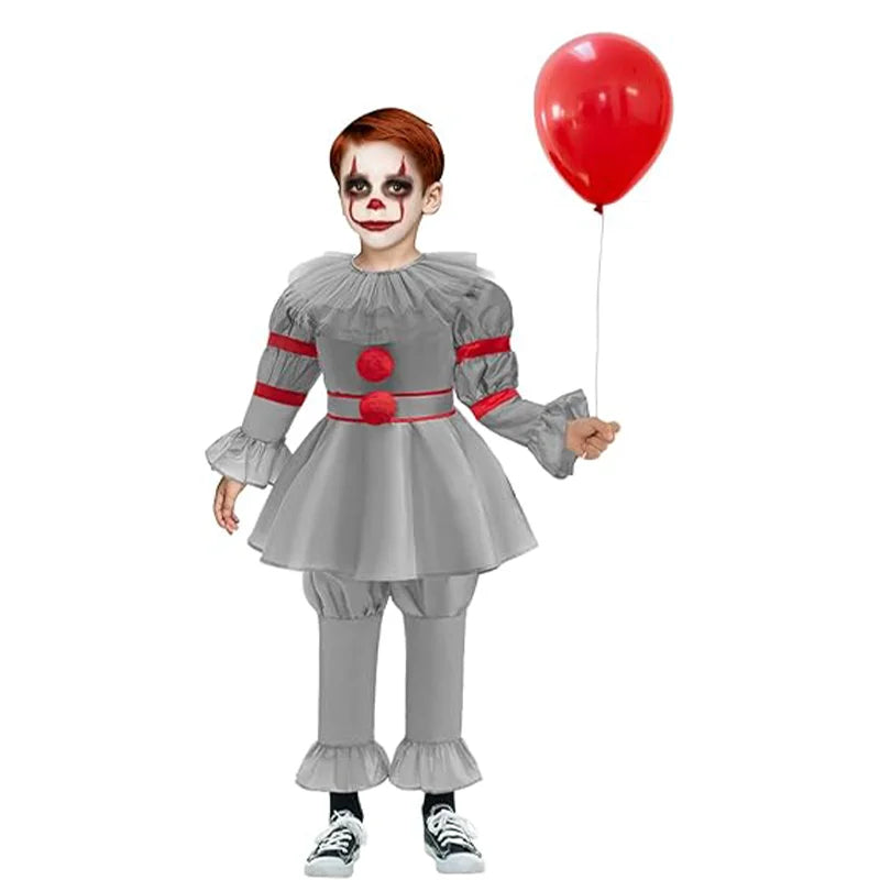 ✨ Kids Creepy Clown Halloween Costume – Pennywise-Inspired Cosplay Outfit with Optional Balloon Accessories