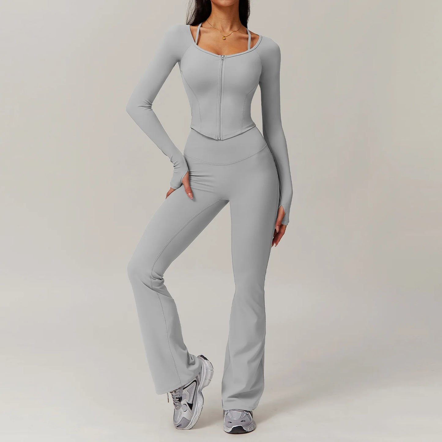 FitFlex 2-Piece Yoga Set: Long Sleeve Crop Top & High-Waist Leggings for Workout & Fitness