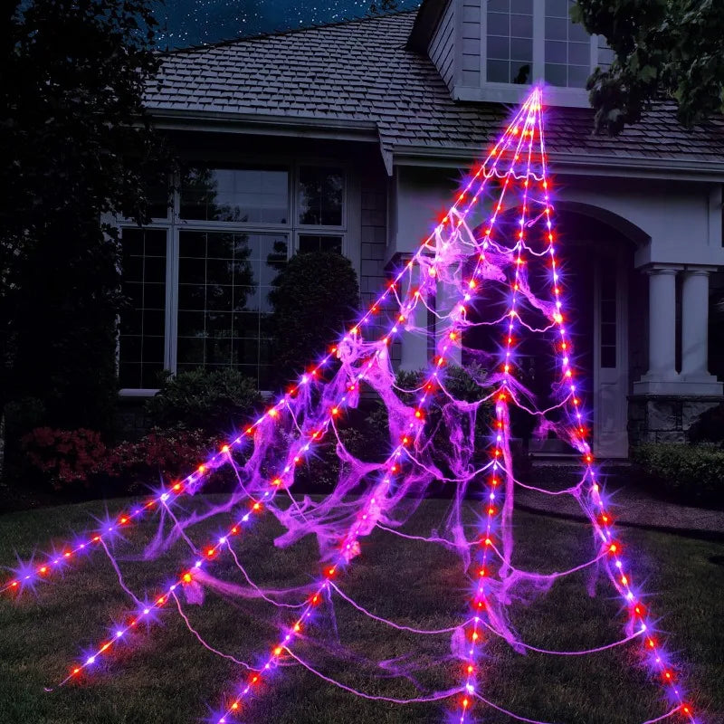 ✨ Glow-in-the-Dark Spider Web Lights – Spooky Outdoor Halloween Decorations with Realistic Spiders