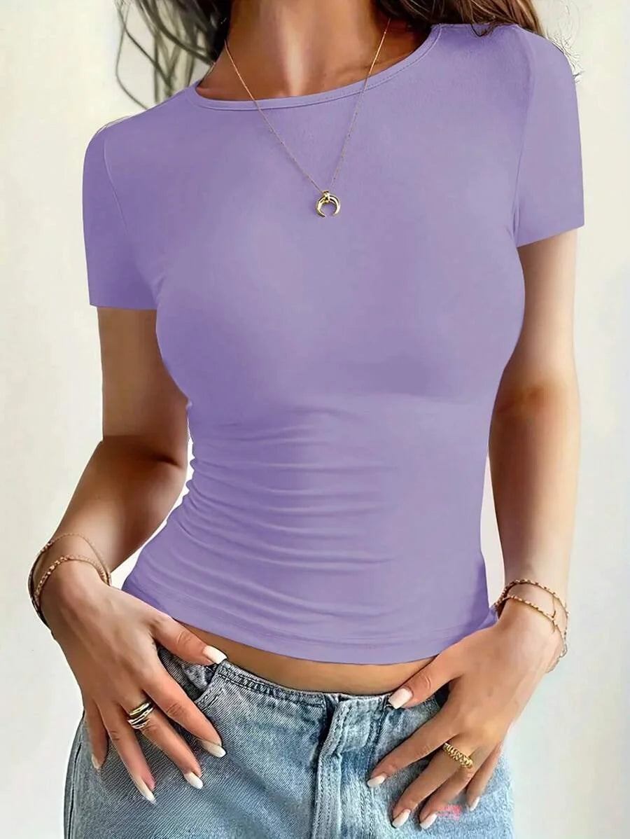 Y2K Women's Slim Fit Scoop Neck Crop Top - Trendy Summer Essential