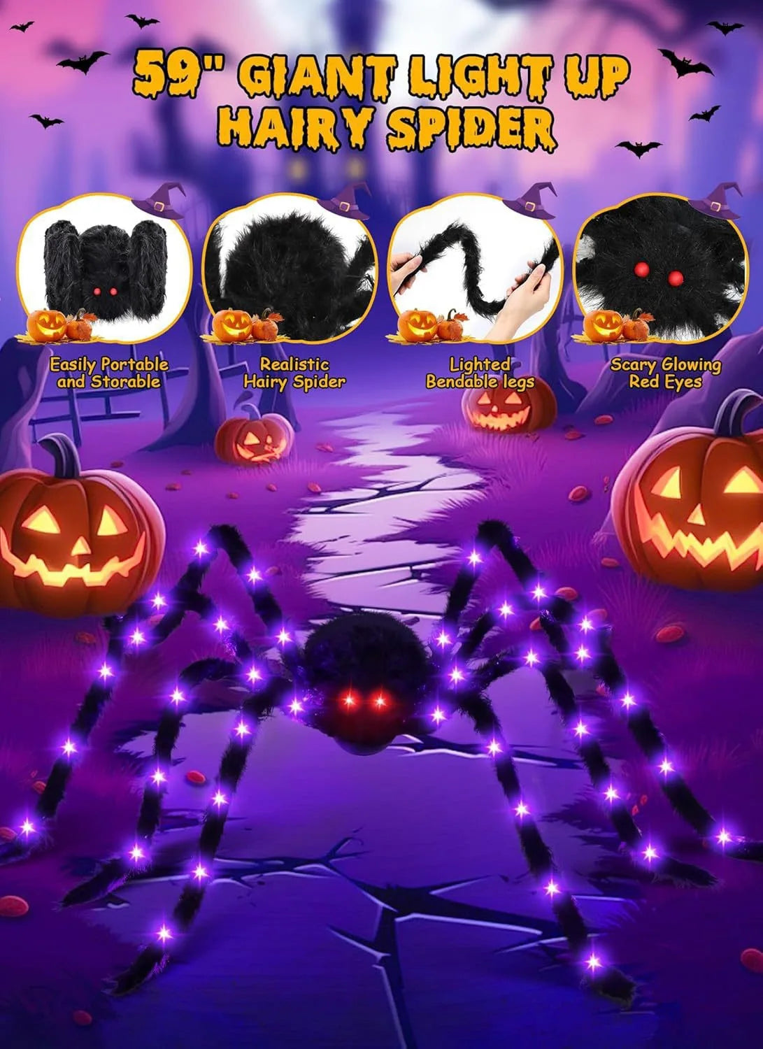 ✨ Glow-in-the-Dark Spider Web Lights – Spooky Outdoor Halloween Decorations with Realistic Spiders