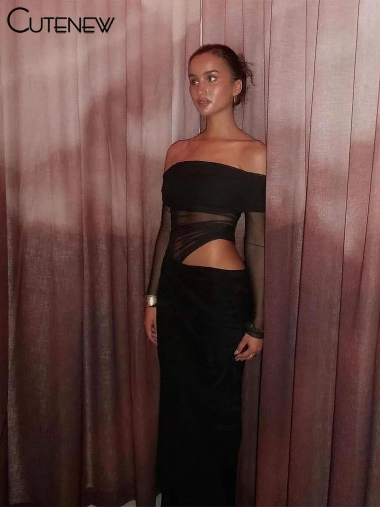 Midnight Muse Mesh Maxi – Off Shoulder Bodycon Party Dress