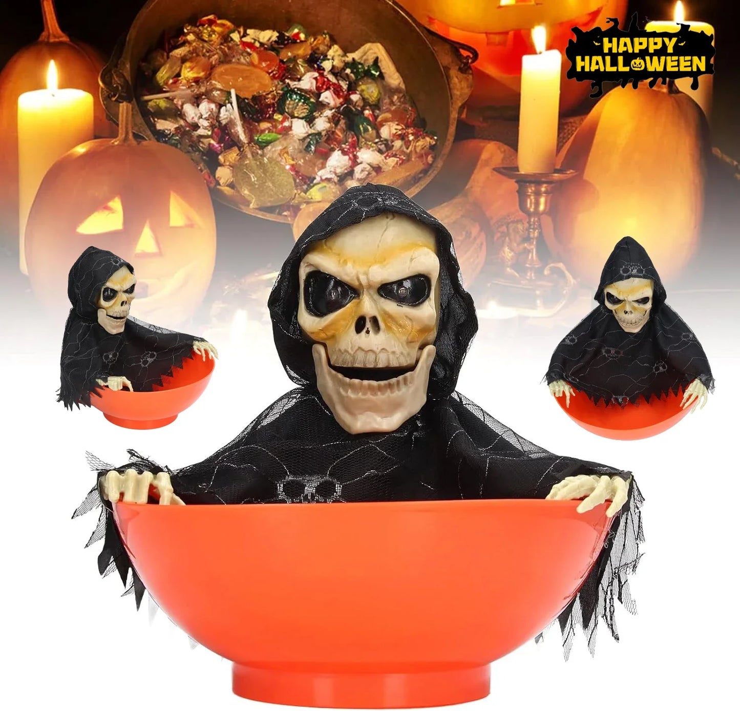 Halloween Candy Dish Haunted House Decoration Glow Motion Sensor Electric Tray Scary Prank Props Spooky Fun Party Decoration
