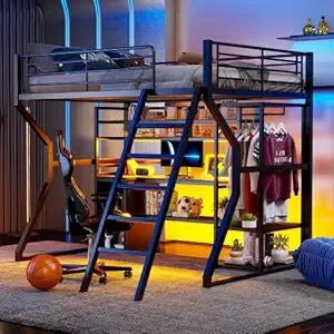 Harper & Bright Designs Full Size Loft Bed with L-Shaped Desk and 4 Storage Shelves, Metal Gaming Loft Bed with LED, Black