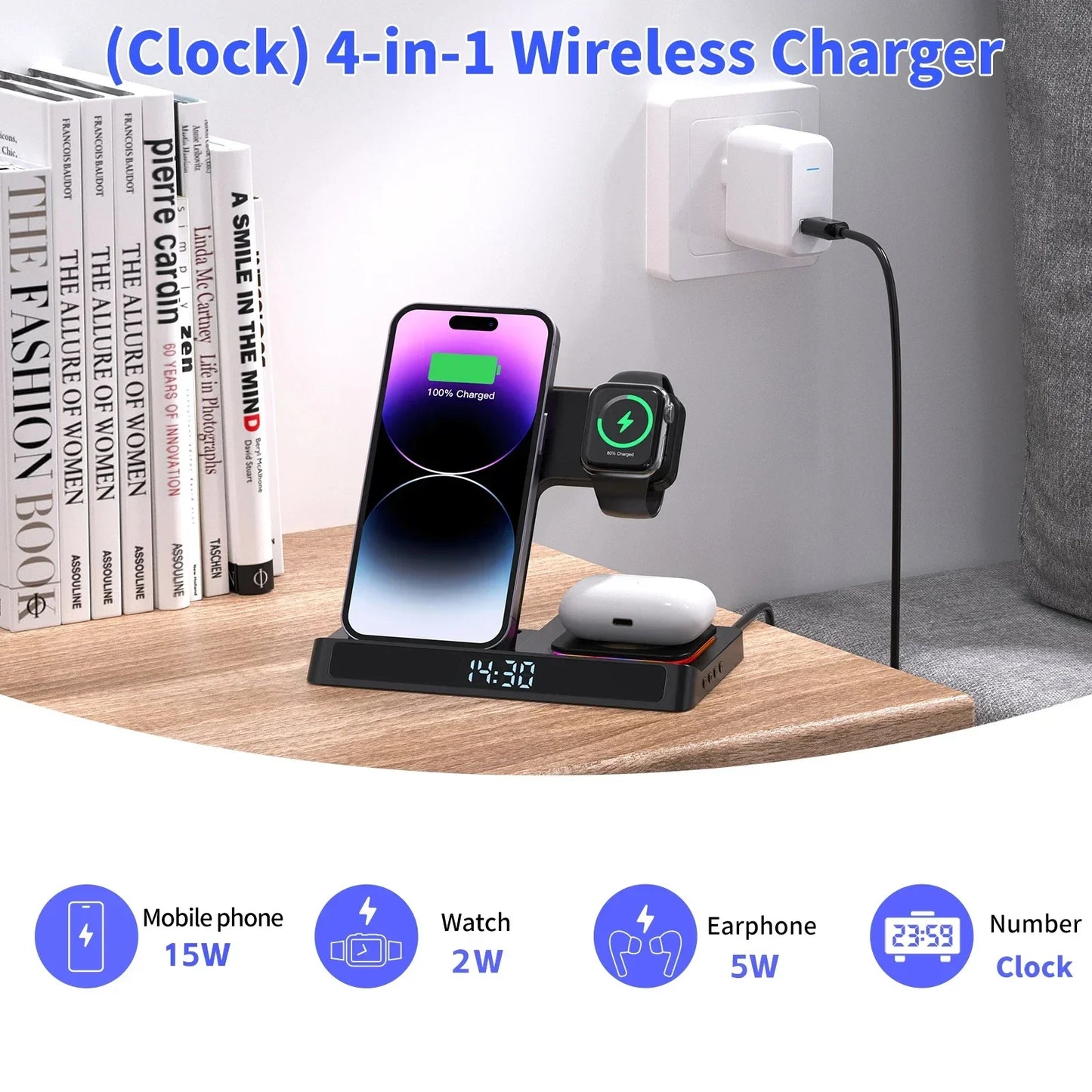 4-in-1 Foldable Wireless Charger Stand – Fast Charging Dock for iPhone 15/14/13/12, Apple Watch & AirPods