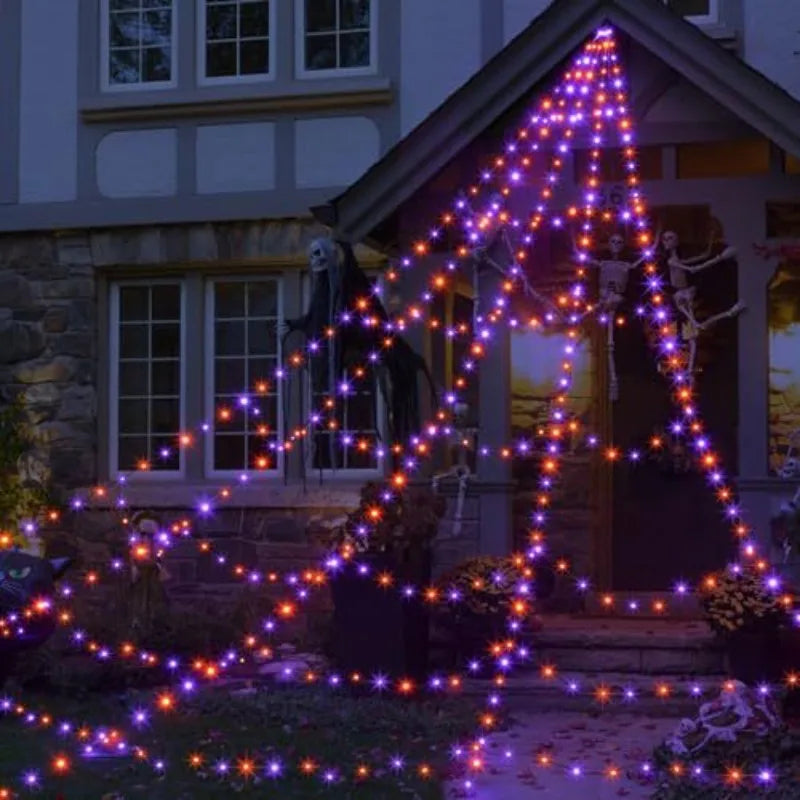 ✨ Glow-in-the-Dark Spider Web Lights – Spooky Outdoor Halloween Decorations with Realistic Spiders