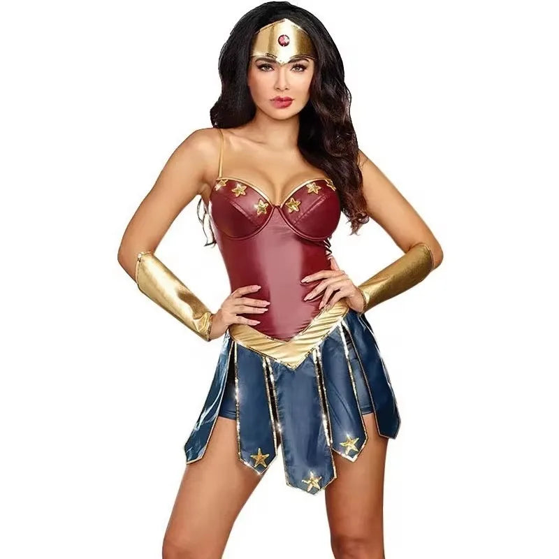 Wonder Hero Cosplay Costume Set – Women’s Leather Warrior Outfit with Corset, Skirt & Accessories