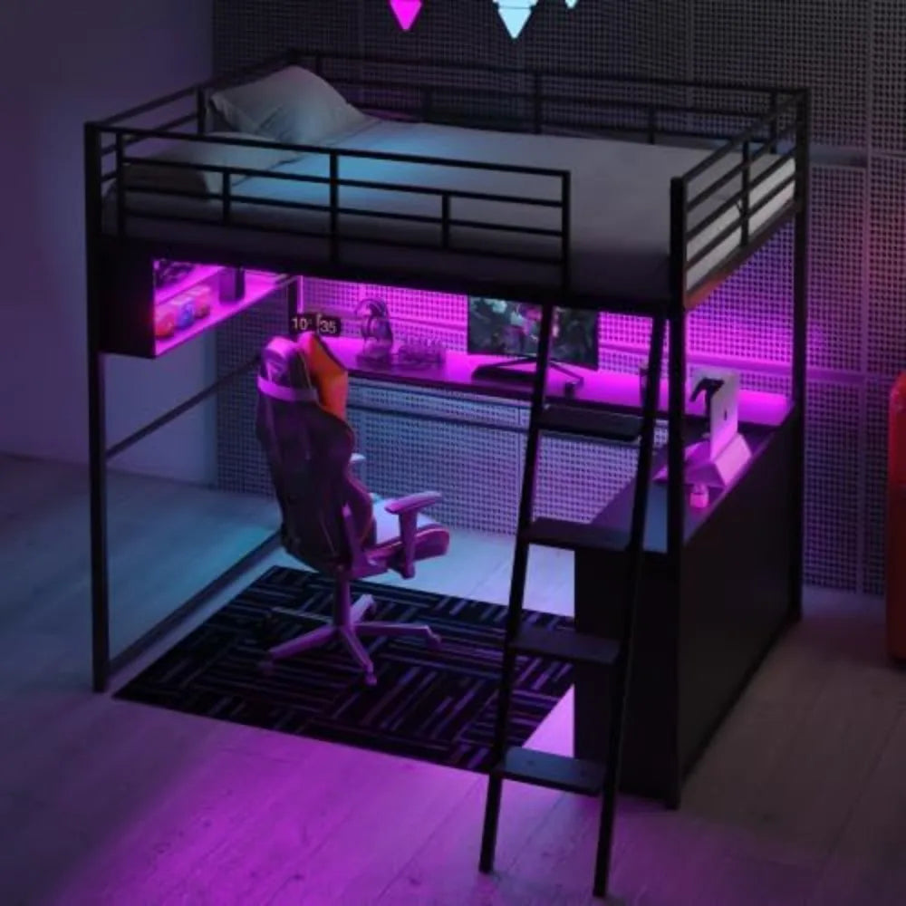 Harper & Bright Designs Full Size Loft Bed with L-Shaped Desk and 4 Storage Shelves, Metal Gaming Loft Bed with LED, Black