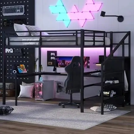 Harper & Bright Designs Full Size Loft Bed with L-Shaped Desk and 4 Storage Shelves, Metal Gaming Loft Bed with LED, Black