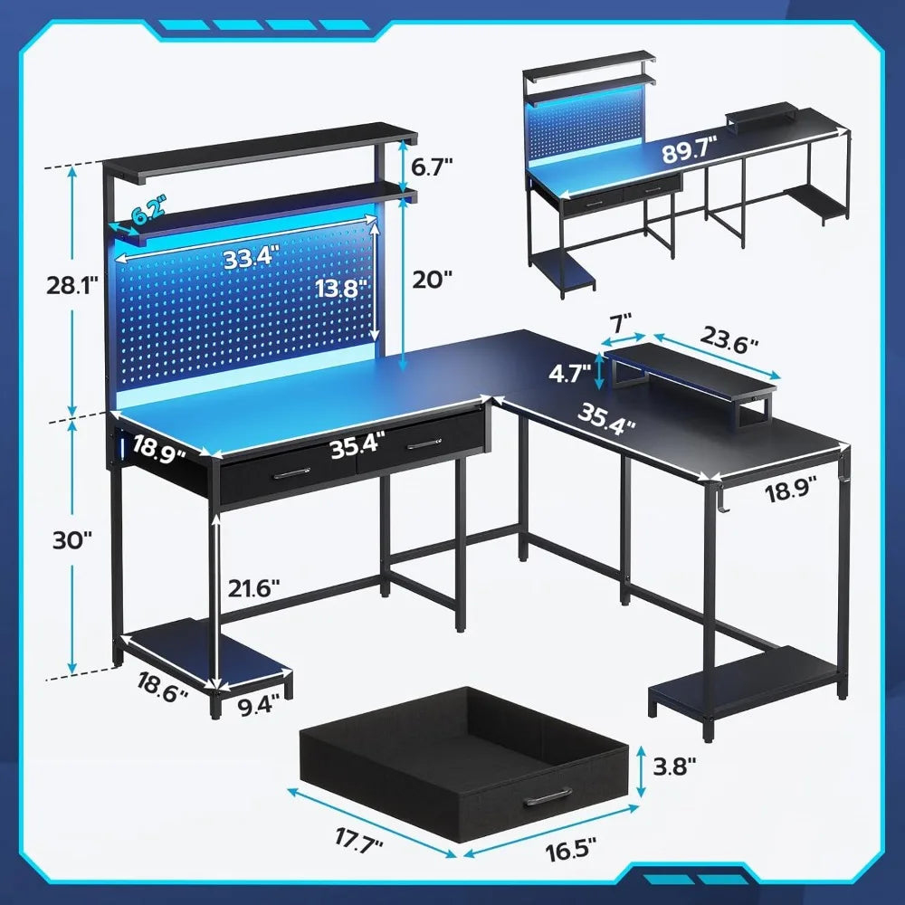 Ultimate Gamer Station™ – L-Shaped RGB Desk with Pegboard, Hutch & Drawers
