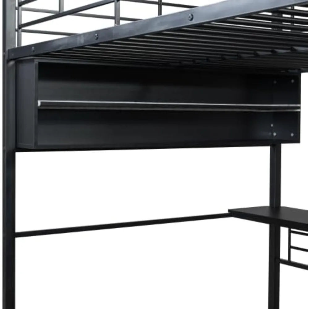 Harper & Bright Designs Full Size Loft Bed with L-Shaped Desk and 4 Storage Shelves, Metal Gaming Loft Bed with LED, Black