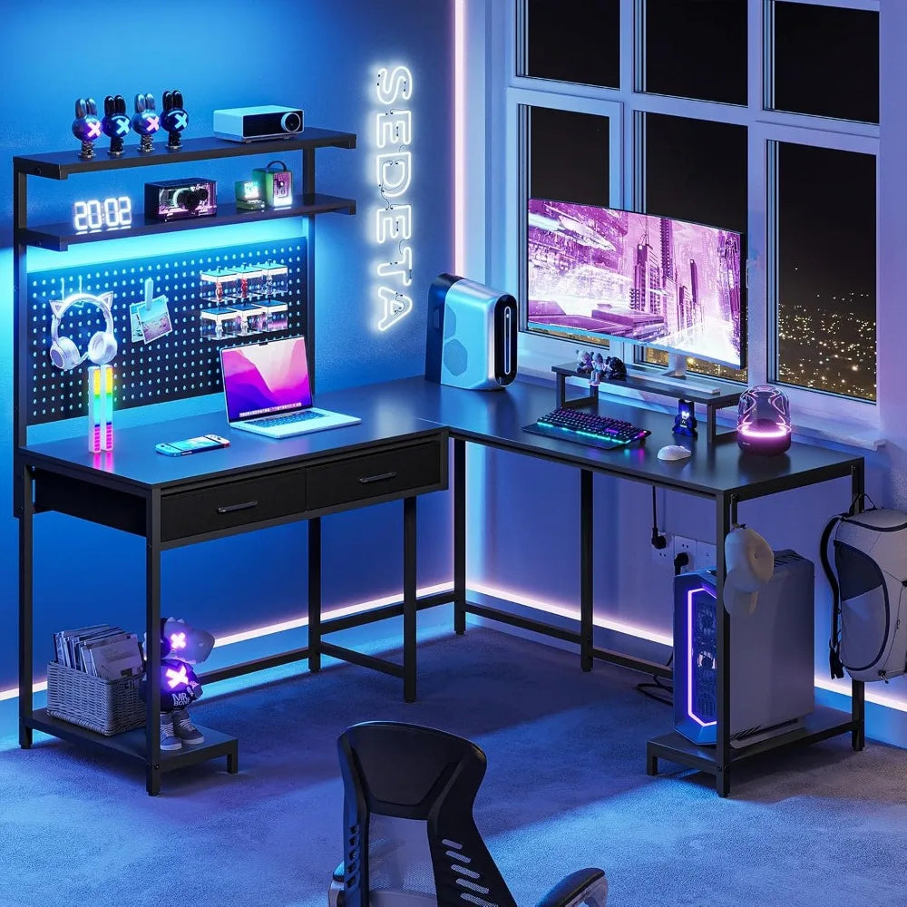 Ultimate Gamer Station™ – L-Shaped RGB Desk with Pegboard, Hutch & Drawers