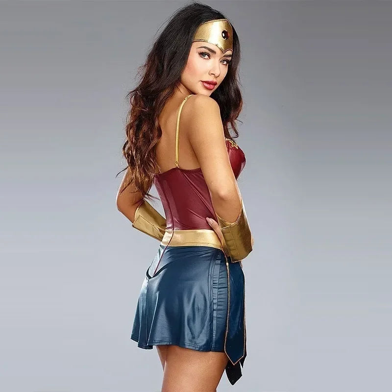 Wonder Hero Cosplay Costume Set – Women’s Leather Warrior Outfit with Corset, Skirt & Accessories