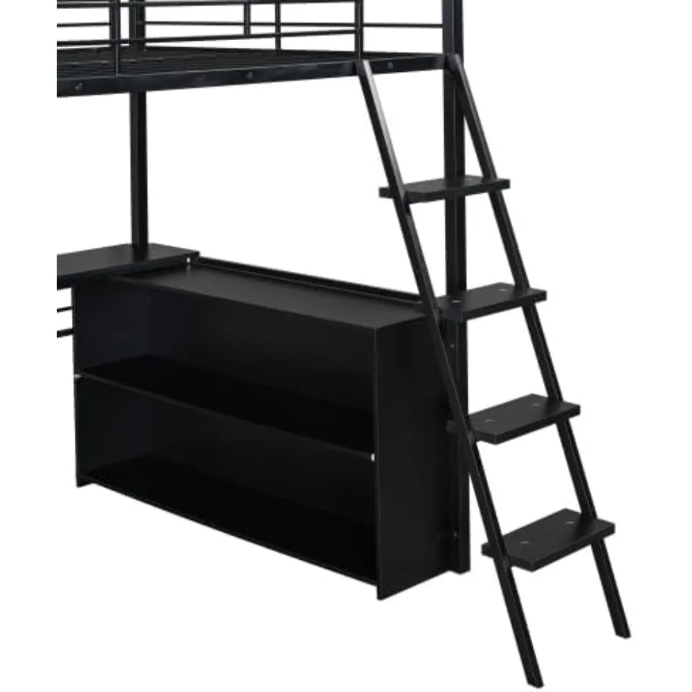 Harper & Bright Designs Full Size Loft Bed with L-Shaped Desk and 4 Storage Shelves, Metal Gaming Loft Bed with LED, Black