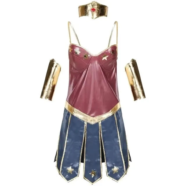 Wonder Hero Cosplay Costume Set – Women’s Leather Warrior Outfit with Corset, Skirt & Accessories