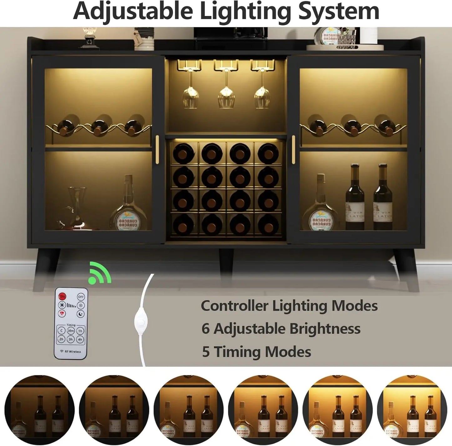 Wine Bar Cabinet with LED Light, Home Coffee Cabinet with Wine Rack and Glass Holder, Kitchen Buffet Sideboard W Storage Shelf