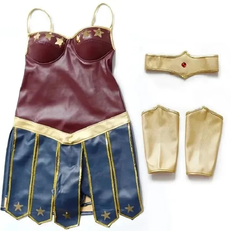 Wonder Hero Cosplay Costume Set – Women’s Leather Warrior Outfit with Corset, Skirt & Accessories