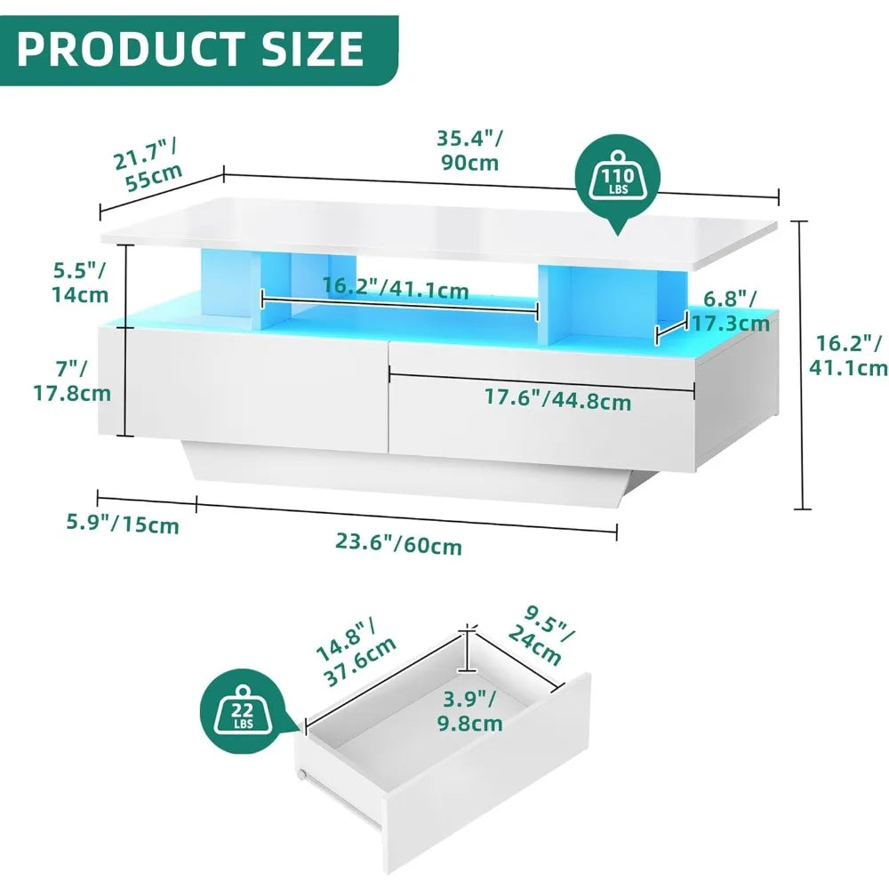 LumiLux LED Coffee Table – Modern Glossy Center Table with Storage & Mood Lighting