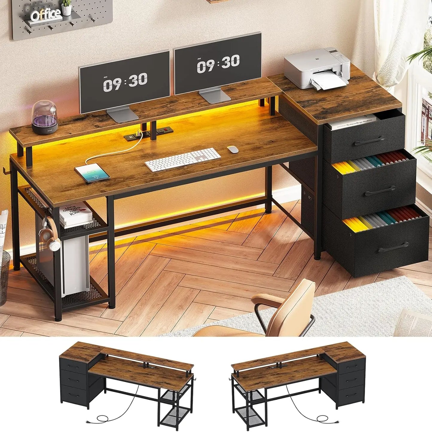 PowerCore™ RGB Desk – 59” Reversible Workstation with Drawers, LED Lights & Built-In Outlets