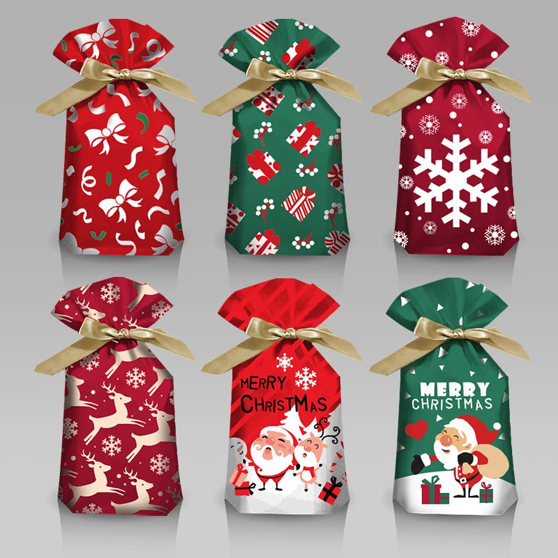 5/10pcs Christmas Drawstring Gift Bags – Snowflake, Santa, Deer & Fireworks Patterns (Multiple Sizes & Styles)