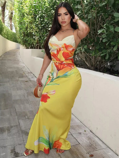 Sunset Bloom Lace-Up Maxi Dress